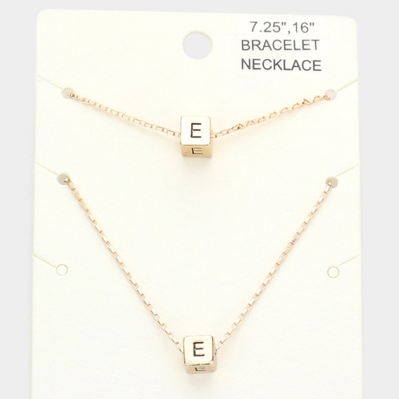 Gold Monogram "E" Cube Pendant Necklace Chain Set Bracelet Boxed Square Initial - Picture 1 of 2